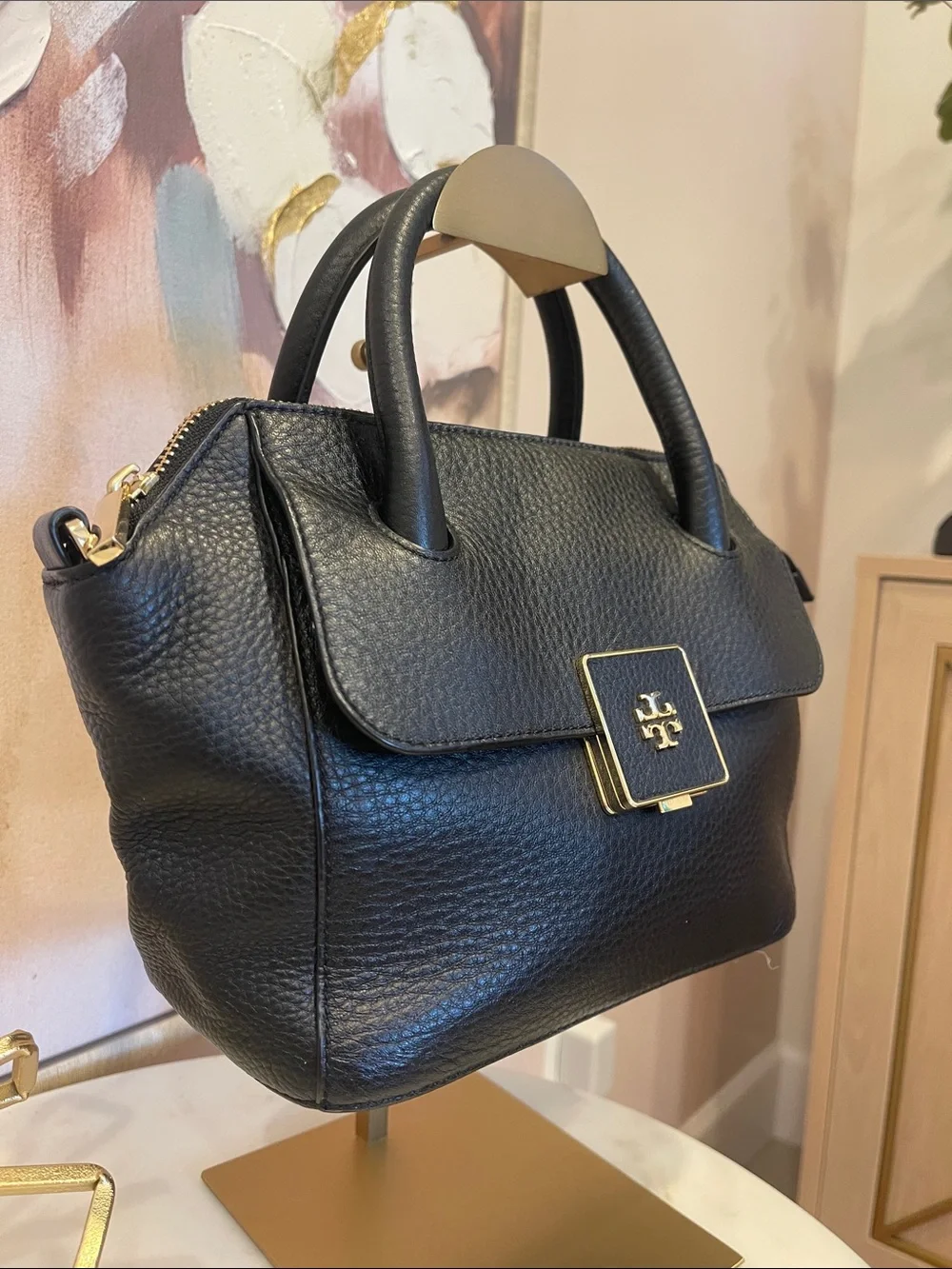 Tory Burch Clara Black Pebbled Leather Top-Handle Satchel